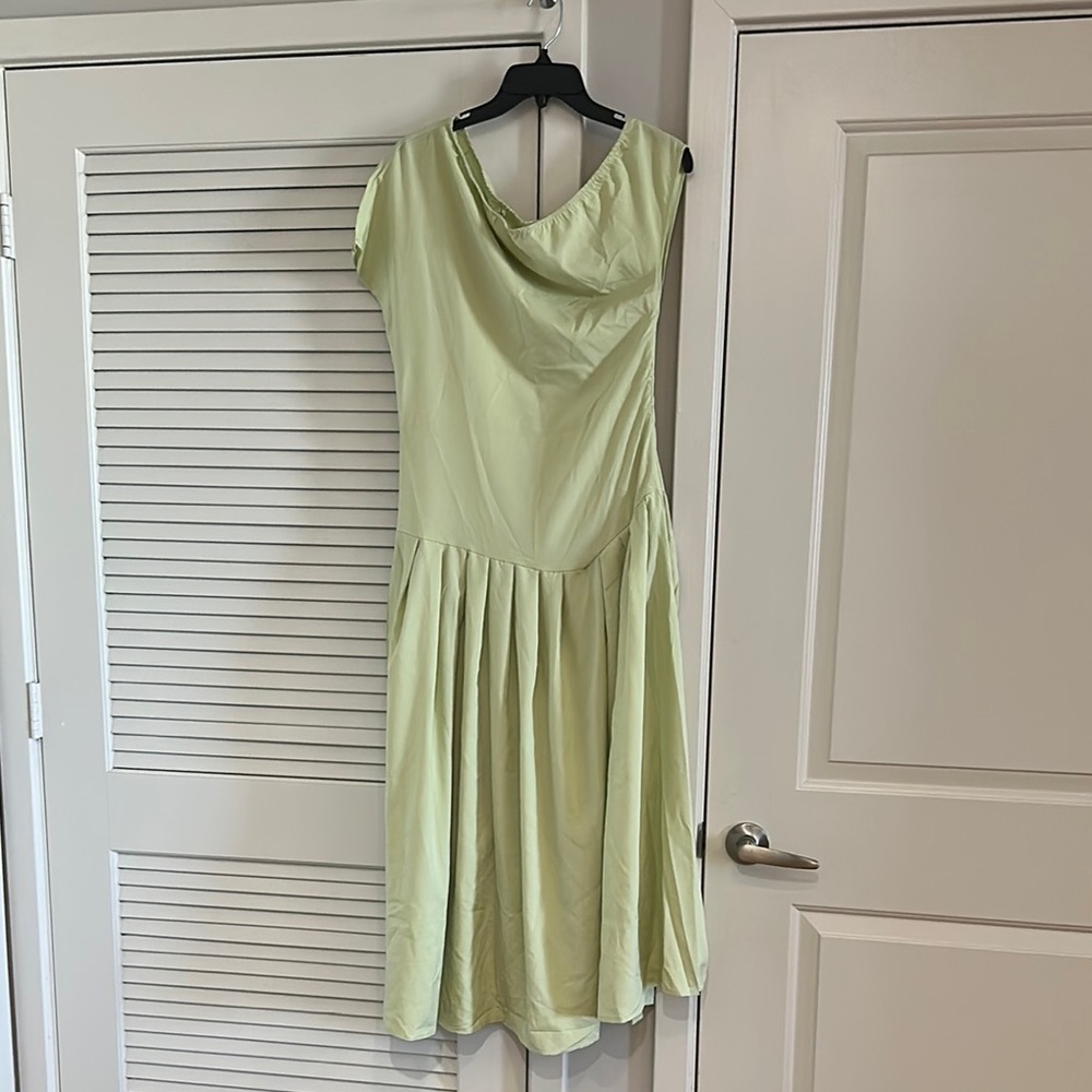 Asymmetric One-Shoulder Midi Dress in Soft Green